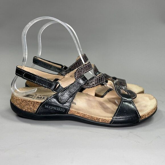 Mephisto Sandals Women's 7 Black Leather Snake Print Adjustable Strap Air Relax - Picture 1 of 13